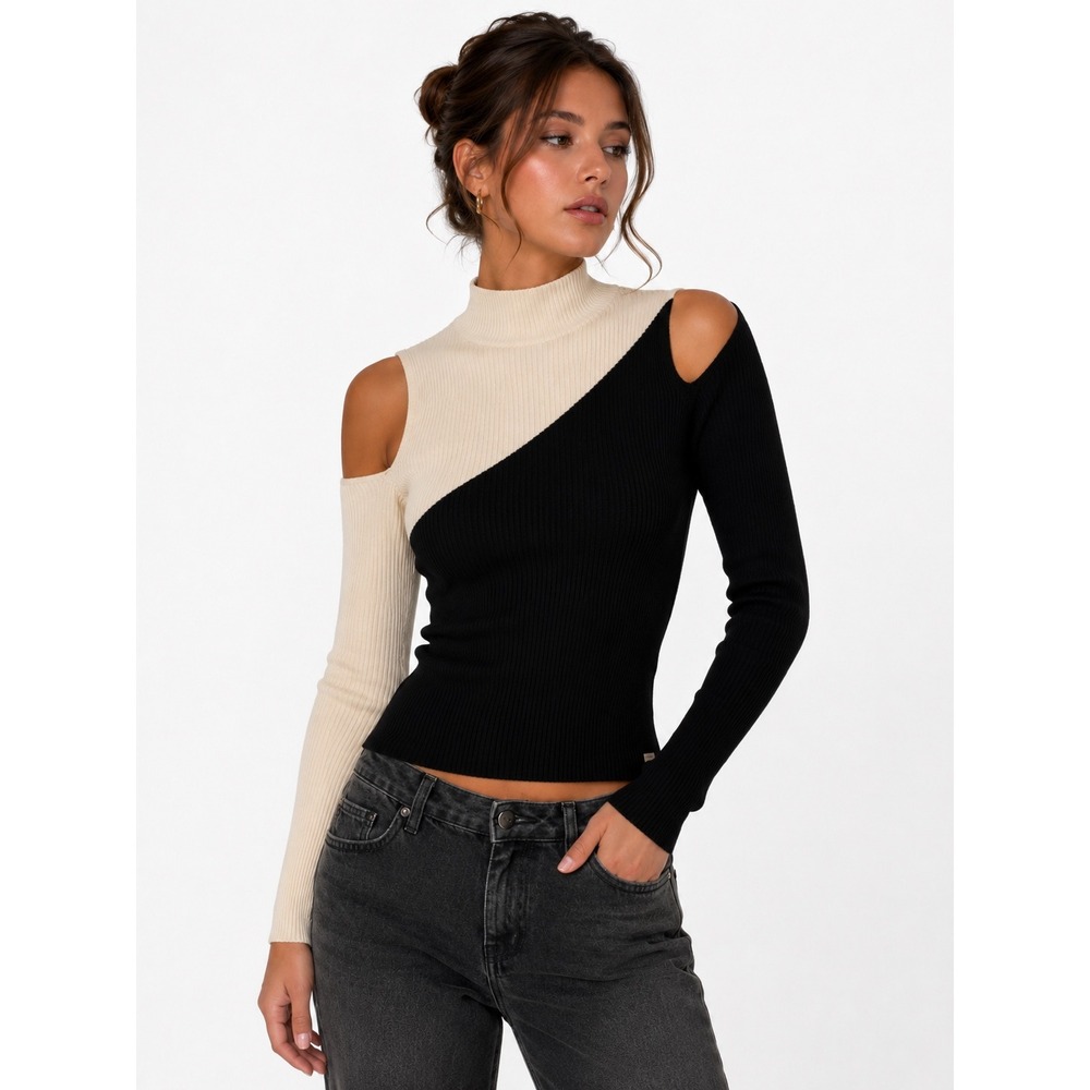 Forever 21 Mock Neck Top Womens Small Black White Cold Shoulder Ribbed Knit Chic